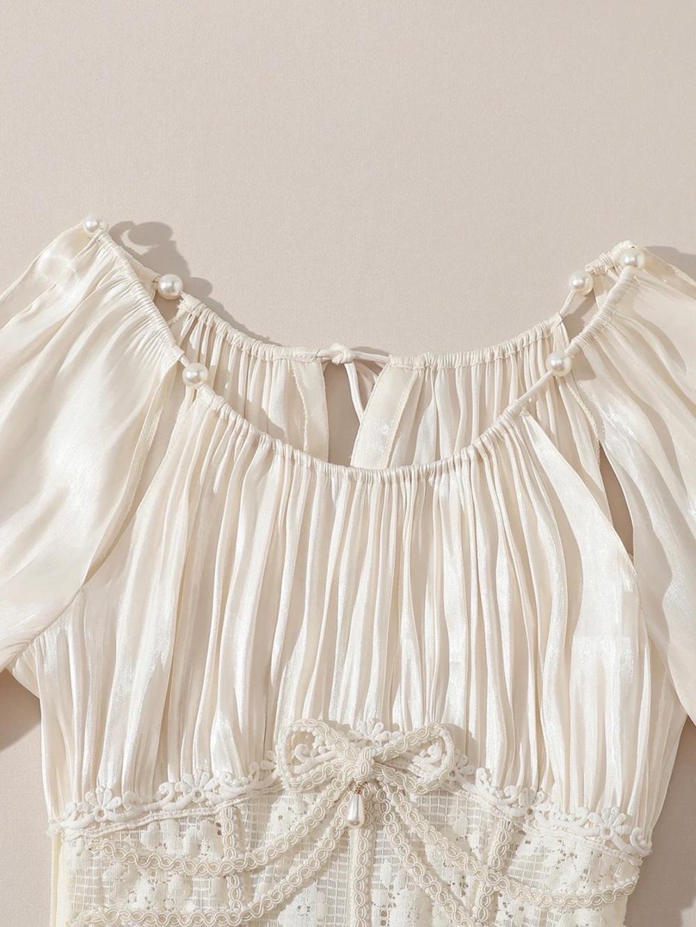 Elegant Ivory Satin Corset Midi Dress with Puff Sleeves - Picture 7 of 9